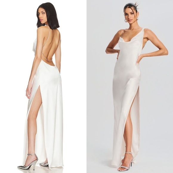 NWT RETROFETE Satin Asymmetric Crystal Chain Strap Draped Neck Open Back Gown S - Picture 4 of 13